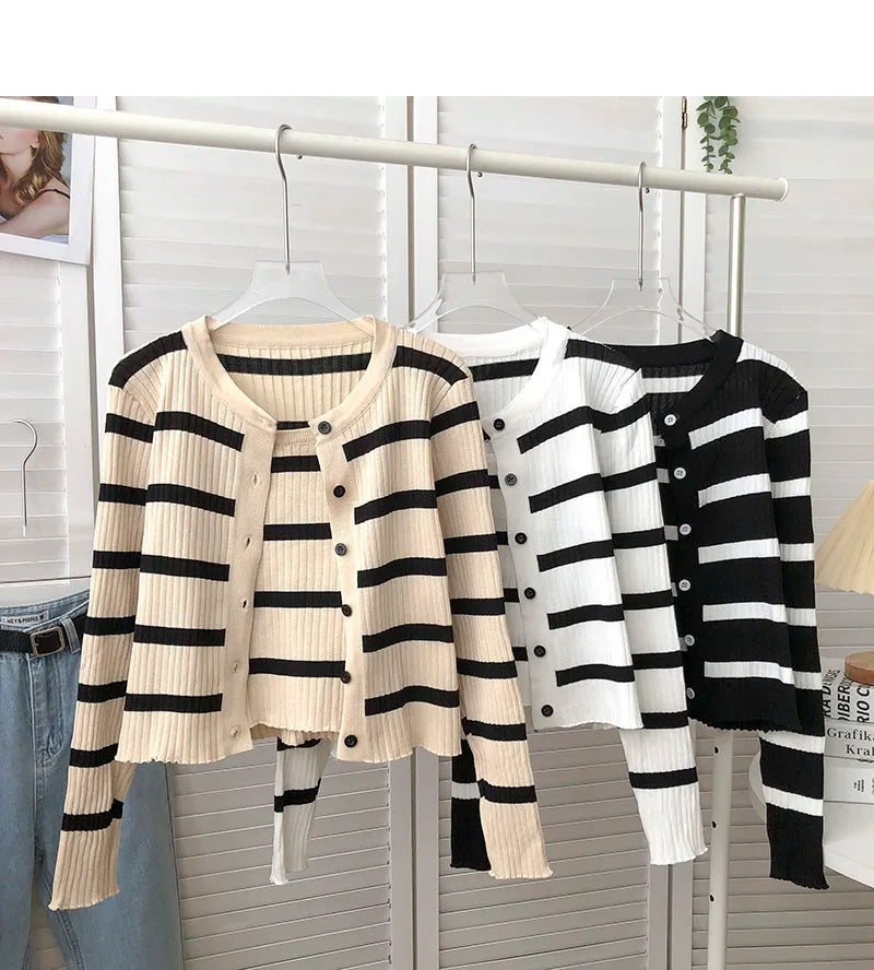 Hnewly  Women's Striped Knitting Cardigan Single Breasted Long Sleeved Sweater+Spaghetti Straps Vest Spring Autumn Korean Top 2pcs