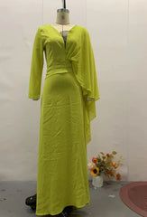 Hnewly  Fashion Solid Color V-Neck Shawl Sleeve Design High Waisted Long Dress for Women Elegant Midi Women's Dress