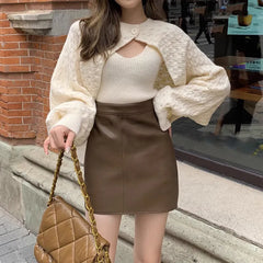 Hnewly  Women's Knitted Shrug Cardigan with Vest Cami Top One button front Crop Bolero Tops Teen-girl Autumn Winter Y2K 90s Outfit
