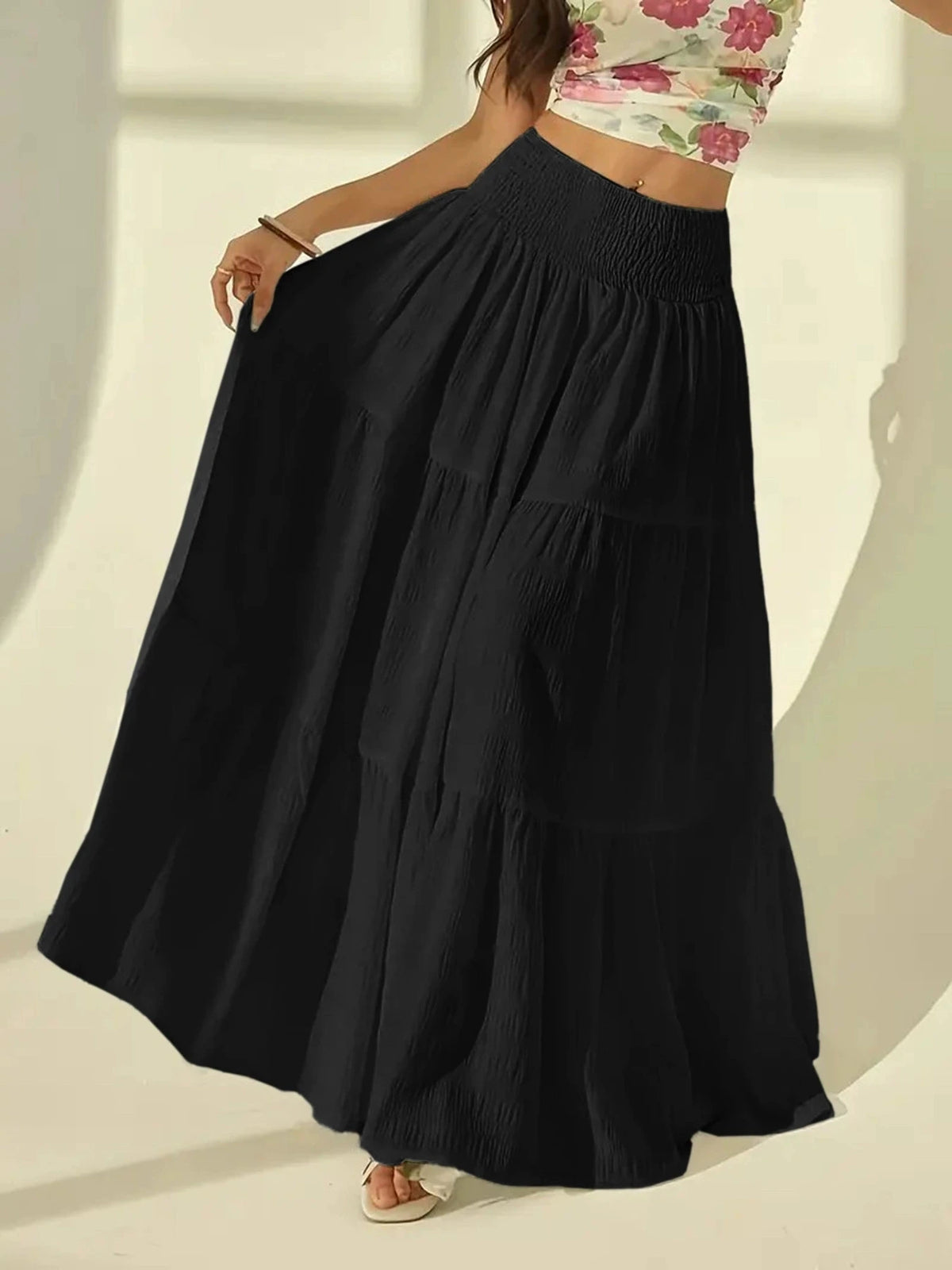 Hnewly  Plus size women's fashionable layered long skirt casual solid color elastic waist women's half skirt holiday date or vacation