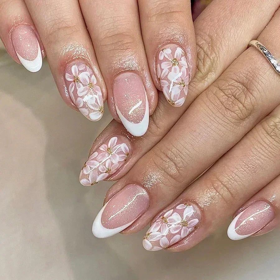 Hnewly 24Pcs Cat Eye Press on Nails with Almond Head Bow Diamond Stick on False Nail Sweet Pink French Full Cover Artificial Nails Tips