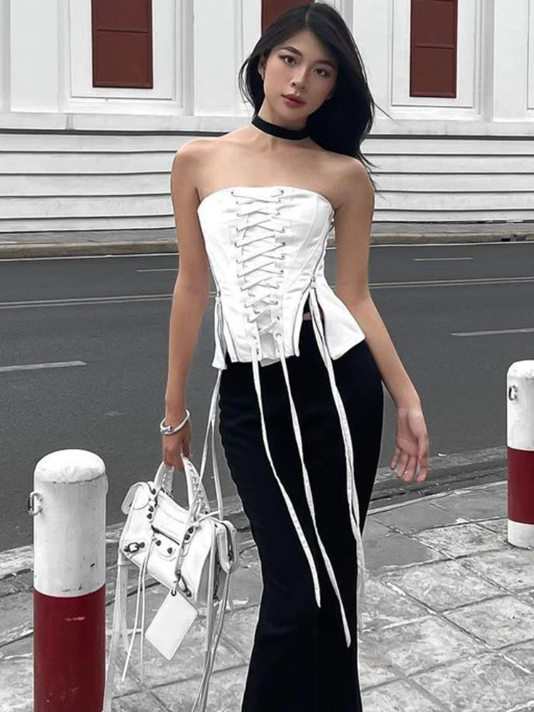 Hnewly Streetwear Lace -up Bandage Corset Bodycone Off Shoulder Chic Aesthetic Y2K Crop Top Women Korean Summer Bustiers Camis