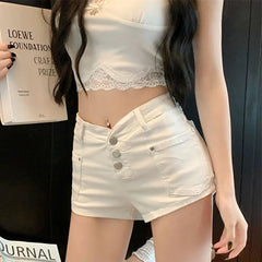 Hnewly  American Style Slimming Mini Shorts Women Harajuku Style Button Tight Shorts Female Y2K All Match Straight Short Trousers Mujer