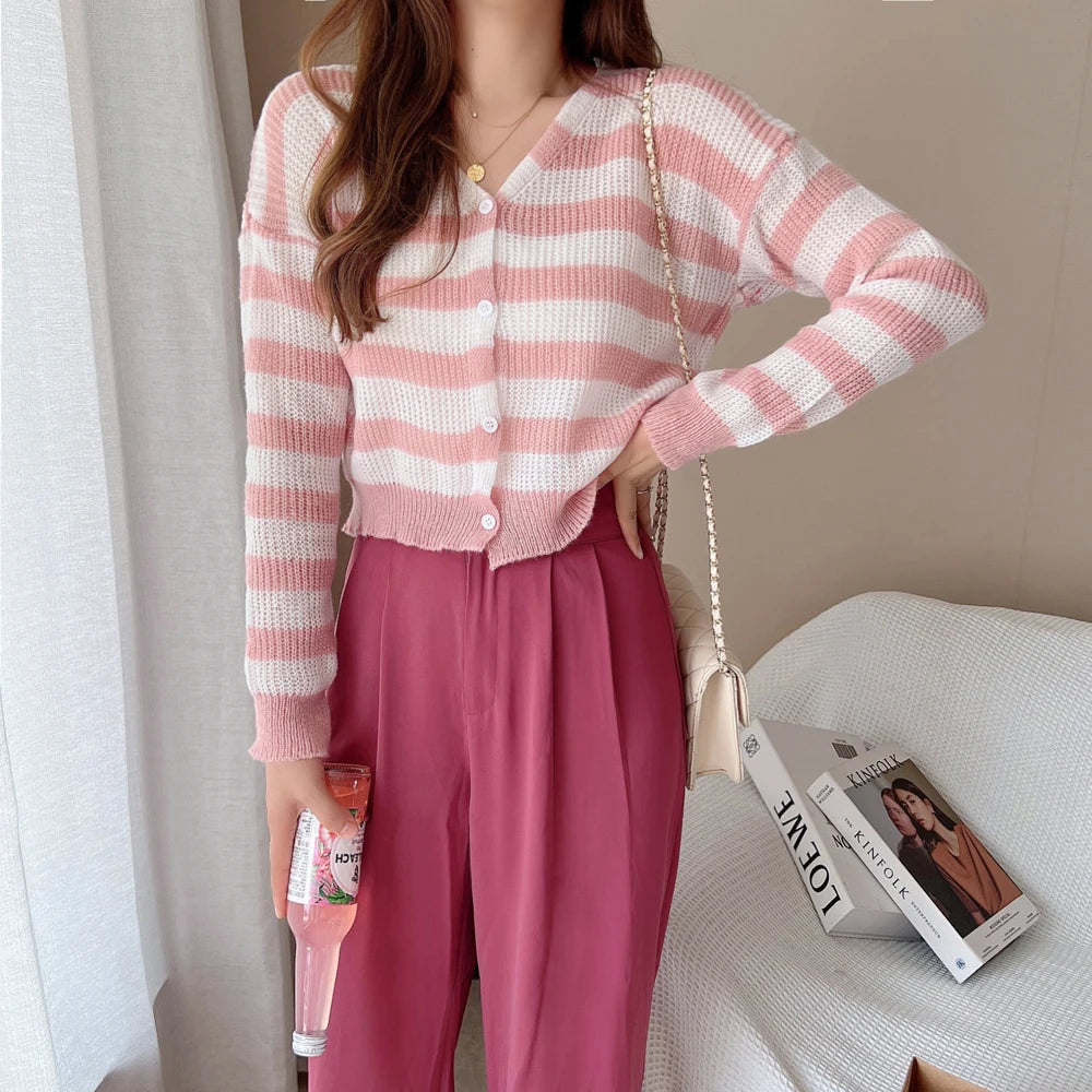 Hnewly  Women Striped Knit Cardigan Button Front Long Sleeve V-neck Crop Sweater Jacket Comfy Knitwear French Chic Autumn Winter Outfit
