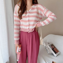 Hnewly  Women Striped Knit Cardigan Button Front Long Sleeve V-neck Crop Sweater Jacket Comfy Knitwear French Chic Autumn Winter Outfit