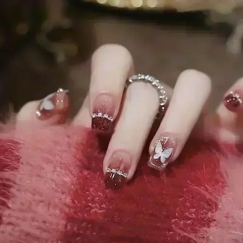 Hnewly 24pcs Detachable Short Press on Nails Y2k rhinestone False Nails with Glue Ballet Sweet Cool Girls Artificial False Nails Tips