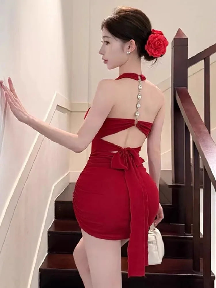 Hnewly  Woman Dress Sleeveless Sexy Halter Slim Backless Bow Backless Solid Elegant Summer Fashion Party Mini Dresses Chic