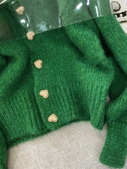 Hnewly  Green Knitted Cardigan  Sweaters Autumn Half High Collar Sweet Casual  Korean Fashion Winter New Casual Jacket