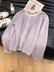 Hnewly  Soft Purple Sweater Cardigan Sweet Lace Edge O-neck Single Breasted Top Spring Autumn New Korean Long Sleeved Loose Kniter