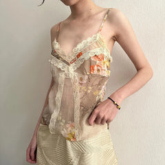 Hnewly Vintage Floral Print Strap Top Retro Y2k Lace Stitching V-neck Crop Tops Women Summer Casual Tees Aesthetic Harajuku Chic