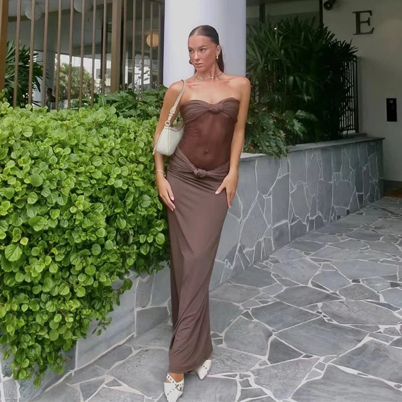 Hnewly  Sexy See-through Dress Women Slim Strapless Backless Hip Package Female Dresses Spring Summer Lady Vestidos