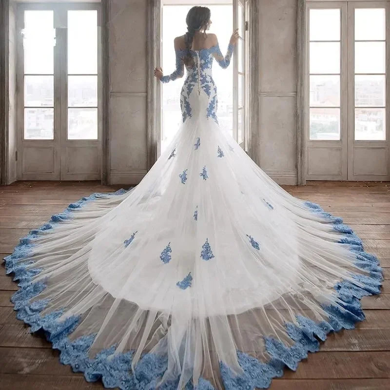 Hnewly  Light Blue Mermaid Long Wedding Dresses with Sleeves Applique Lace Chapel Train Customsized Beach Garden Bridal Gown Outfit