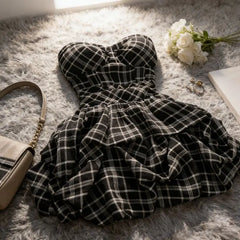 Hnewly  Summer Plaid Halter Dress Women's Small Waist Cinching Design Elegant Slimming Short Skirt Korean Style High Waist A-Line Skirt