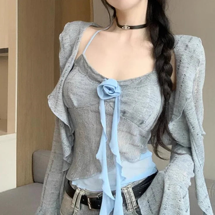 Hnewly  Sweet Vintage 3D Rose Halter Patchwork Camisole Vest+ Irregular Hollow Out Long Sleeve Cardigan Spring New Two Piece Sets