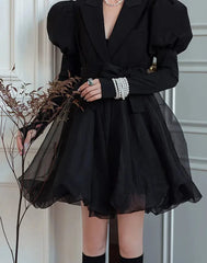 Hnewly DRESS TO IMPRESS Korean Black Mini Blazer Dress Women Elegant Vintage Chic Mesh Design Y2k Dress Winter Casual Sash Evening Party Dress One Piece