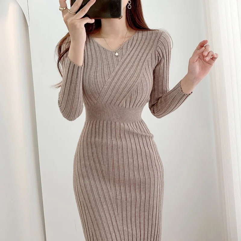 Hnewly Vintage Long Sleeve Knitted Dresses for Women Party Robe Female Autumn Retro V-neck Bodycon Dress Korean Slim Waist Vestido
