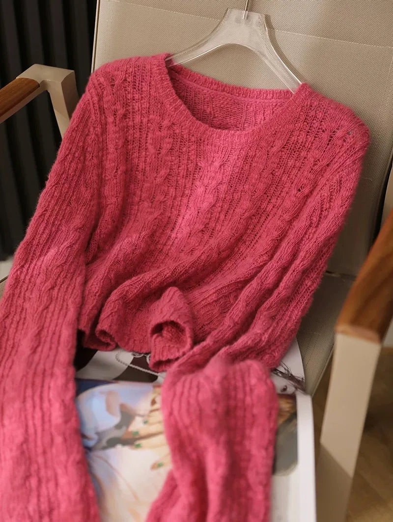 Hnewly  Cable Knit Crop Sweater for Women Long Sleeve Crew Neck Pullover Boxy-fit Plain Jumper Teen-girl Fall Winter Y2K Outfit