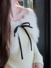 Hnewly  Y2k Aesthetic Furry Patchwork Slash Neck Sweater Women Harajuku Bandage Bow Pullover Autumn Vintage Bodycon Fairy Jumpers