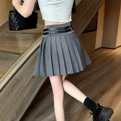 Hnewly  Preppy Style Double Belt Pleated Skirt Women Fashion All Match High Waist Short Skirts Woman Summer Y2K Loose Basic Skirt Female