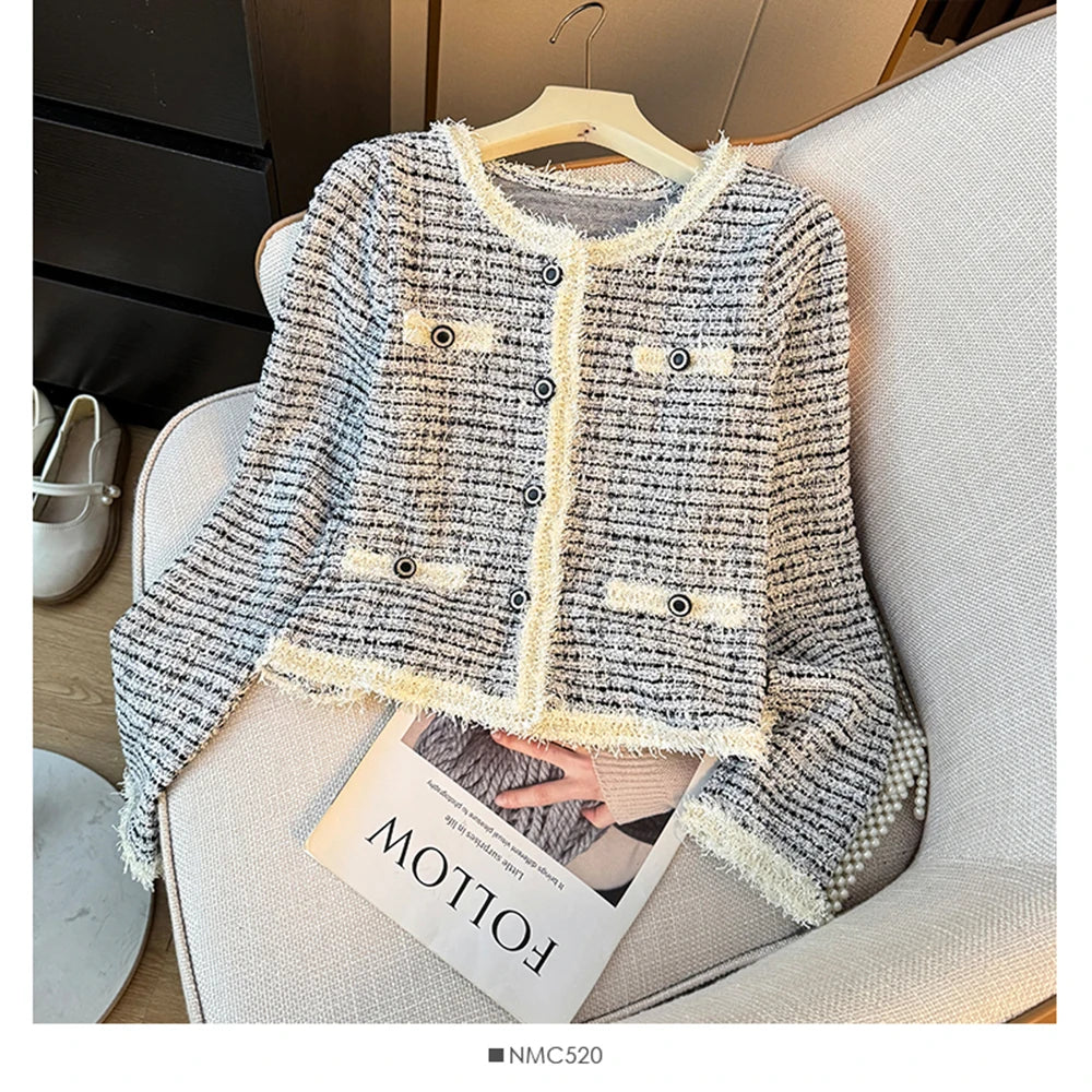 Hnewly  Fashion Sweet Tweed Jacket Women 2025 Autumn New Luxury Single-breasted Short Coats O-Neck Long Sleeve Elegant Female Outwear