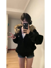 Hnewly Black Zip Up Hoodies Women Vintage Preppy Style Faux Fur Coat Korean Oversized Casual Sweatshirt Harajuku Autumn Winter