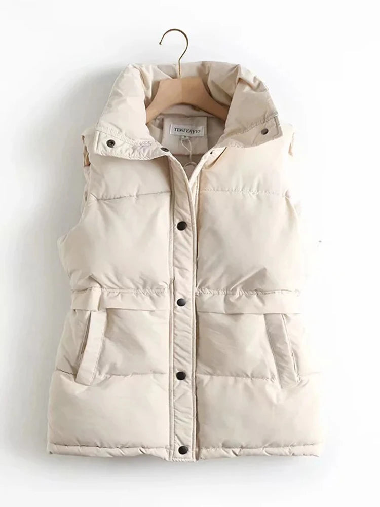 Hnewly Autumn Winter Women Solid Loose Vest Drawstring Stand Collar Long Vest Jacket  Cotton Padded Women Windproof Warm Waistcoat