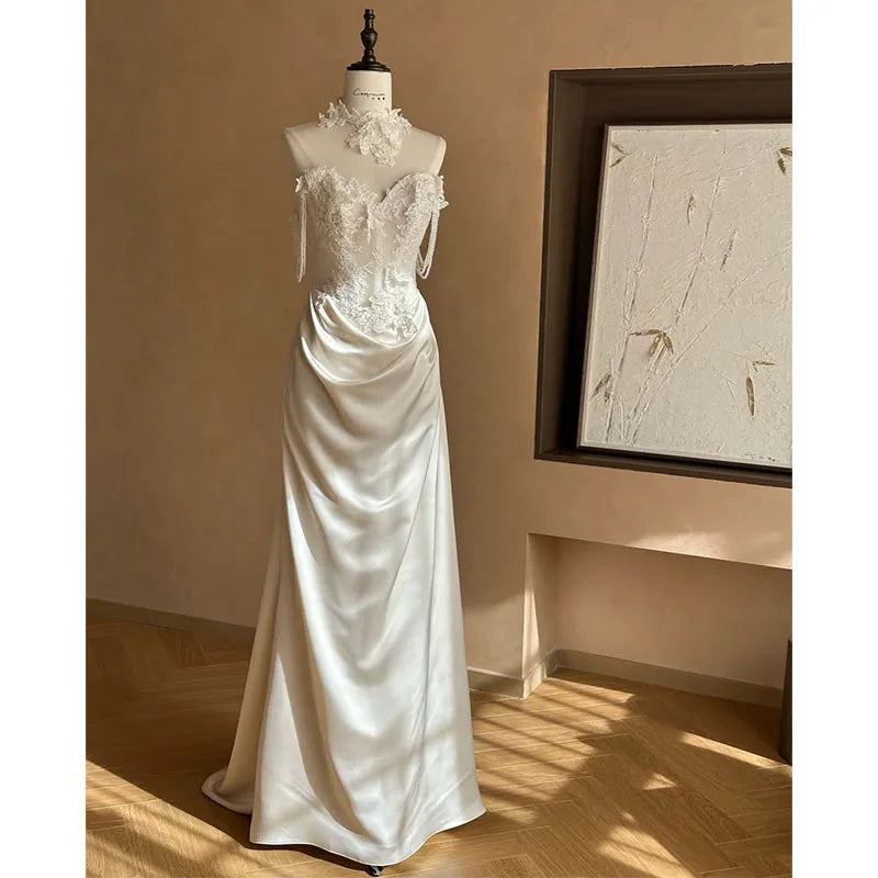 Hnewly  French Satin Retro Lace Light Wedding Dress Heavy Bridal Dress Evening Gown Light Luxury Satin Fishtail Exit Veil Customized