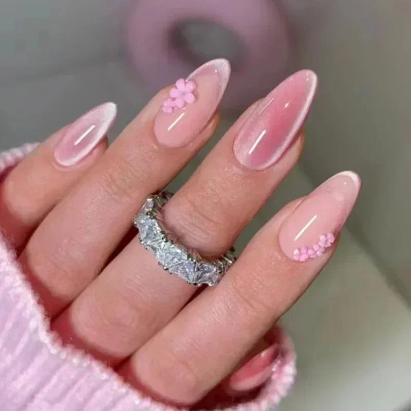 Hnewly 24pcs/Box Long Coffin False Nails Art Rose with Glue Wearable Nude Pink White Color Jelly Nails Tips Full Cover Press On Nails