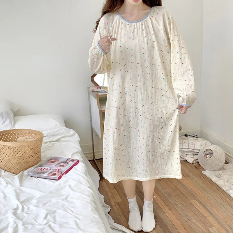 Hnewly Long Sleeve Nightgowns Women Floral Bow Temper Autumn Home Cozy Aesthetic O-neck Prairie Chic All-match Sleepwear Korean Style