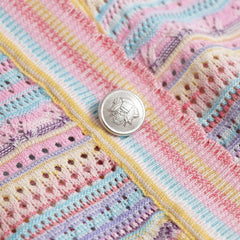 Hnewly Rainbow Striped Knitted Sweater For Women's 2025 Summer New  Thin Short Sleeved V-neck Hollow Out Holiday Sun Protection Top
