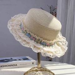 Hnewly  Sweet Large Brim Straw Sun Hat Sun Protection with Lace Trim Lace Ribbon Bucket Hat UV Protection Beach Sunshade Hat Summer