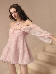 Hnewly  Cutenew Bandages Bow Mesh Dress Women Sweet Sexy Jacquard See Through Slash Neck Backless Valentine's Day Party Club Bodycon