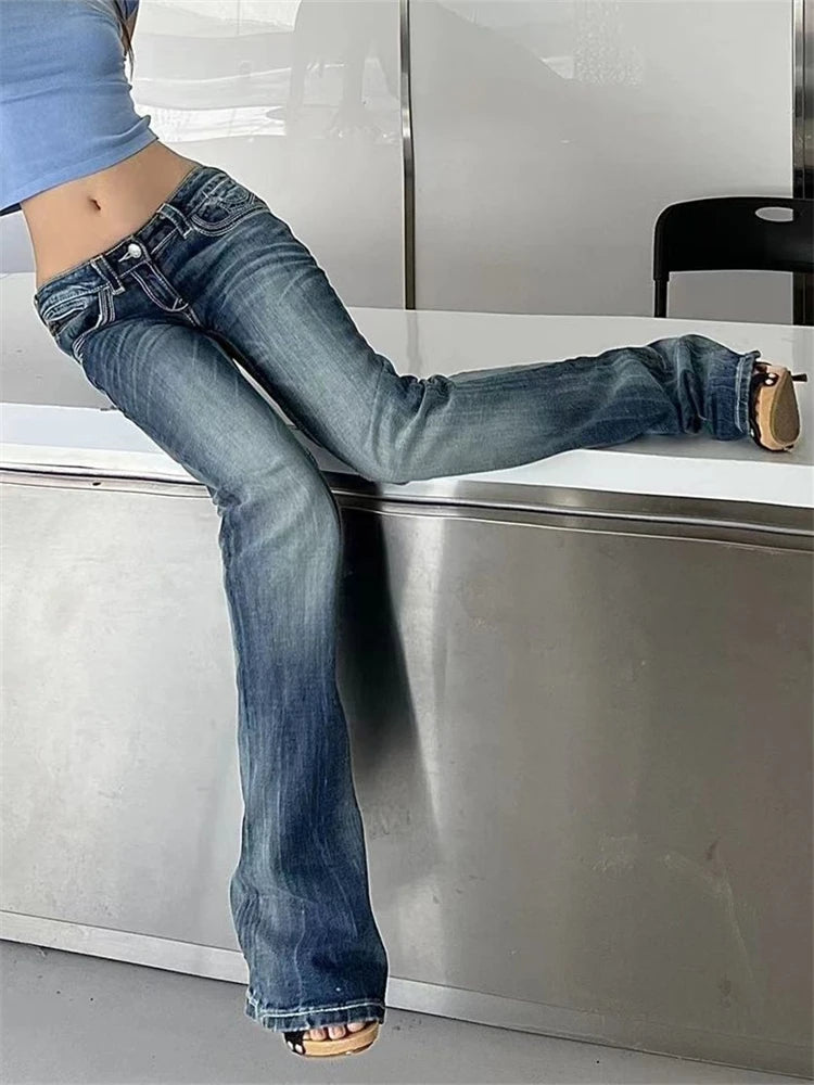 Hnewly Women's Low Waisted Micro Flared Narrow Jeans Summer New Casual Slim Retro Blue Denim Pants Female Sexy Bell-bottoms Trousers