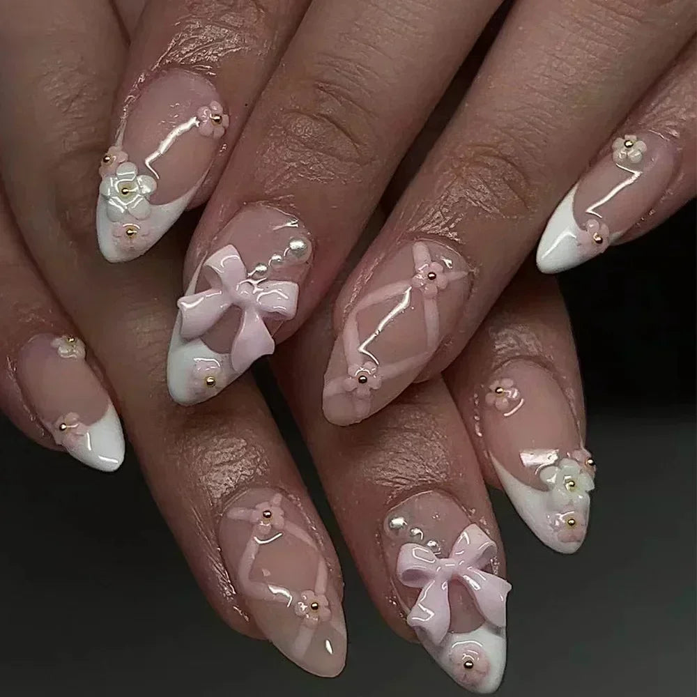 Hnewly 24Pcs Pink Almond False Nails Butterfly Ballet with French Design Wearable Fake Nails Simple Artificial Press on Nails Tips Art