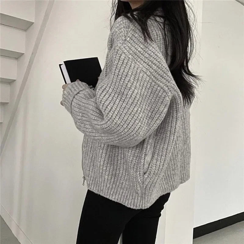 Hnewly Autumn Women's Knitted Jacket New Korean Chic Casual Sweater Coat Solid Color Zipper Thick O Neck Cardigans Women
