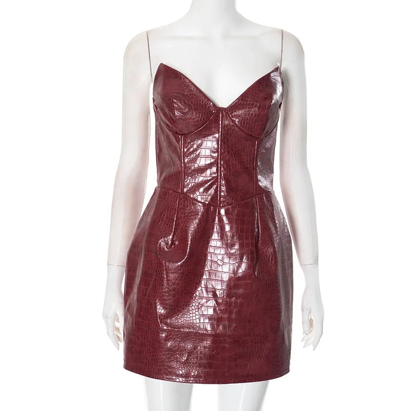Hnewly  Crocodile Leather Strapless Dress For Women Sexy Party Mini Dress High Waist Fashion Elegant Female Bodycon Dress