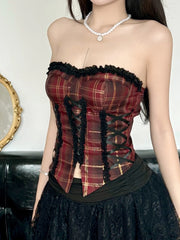 Hnewly rave inspo outfits Christmas Red Plaid Lace Trim Bandage Women’s Straps Tops Skinny Hotsweet Festive Atmosphere Blouses Fashion Trendy