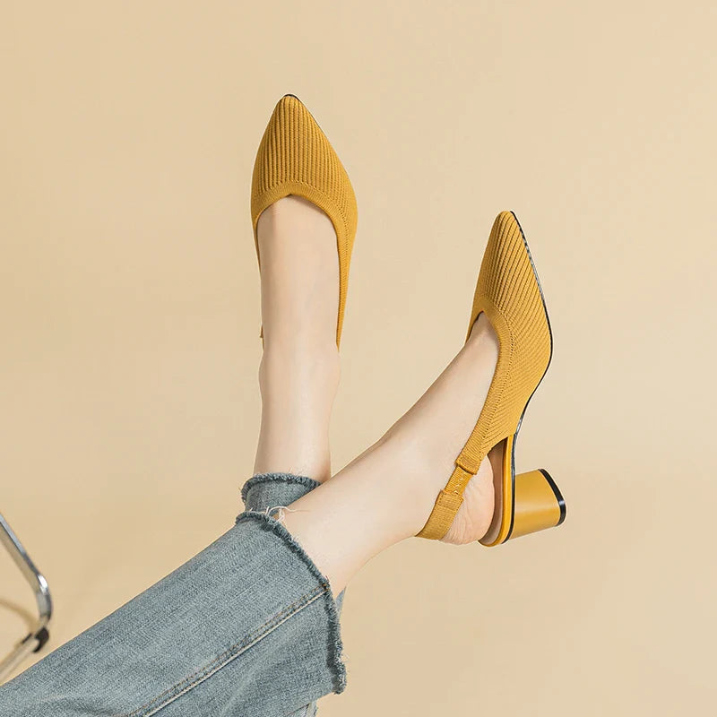 Hnewly Large Women's High Heel Sandals Fashion Stripes Soft and Breathable Knitted Round Thick Heel Shoes 2023 New (High Heel 5cm)