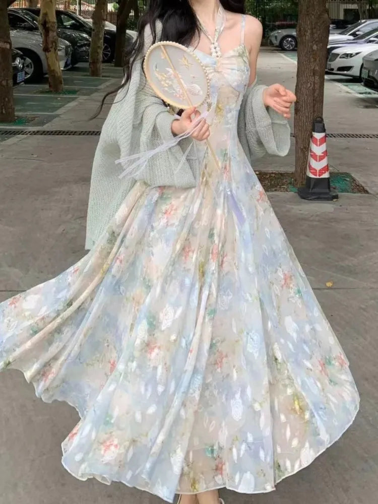 Hnewly Vintage Floral Spring Summer Dress For Women Casual Sleeveless Elegant Chic Party Beach Holiday Vestidos Female Clothes New Robe