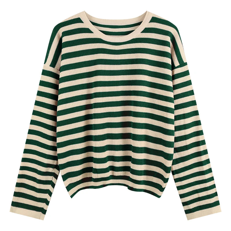 Hnewly  Women's Striped T-shirt Basic Tops Spring Autumn Fashion Color Contrast Loose O-neck Long Sleeve knitting Sweater