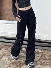 hnewly - Multi Pocket Eyelet Design Cargo Jeans HOT