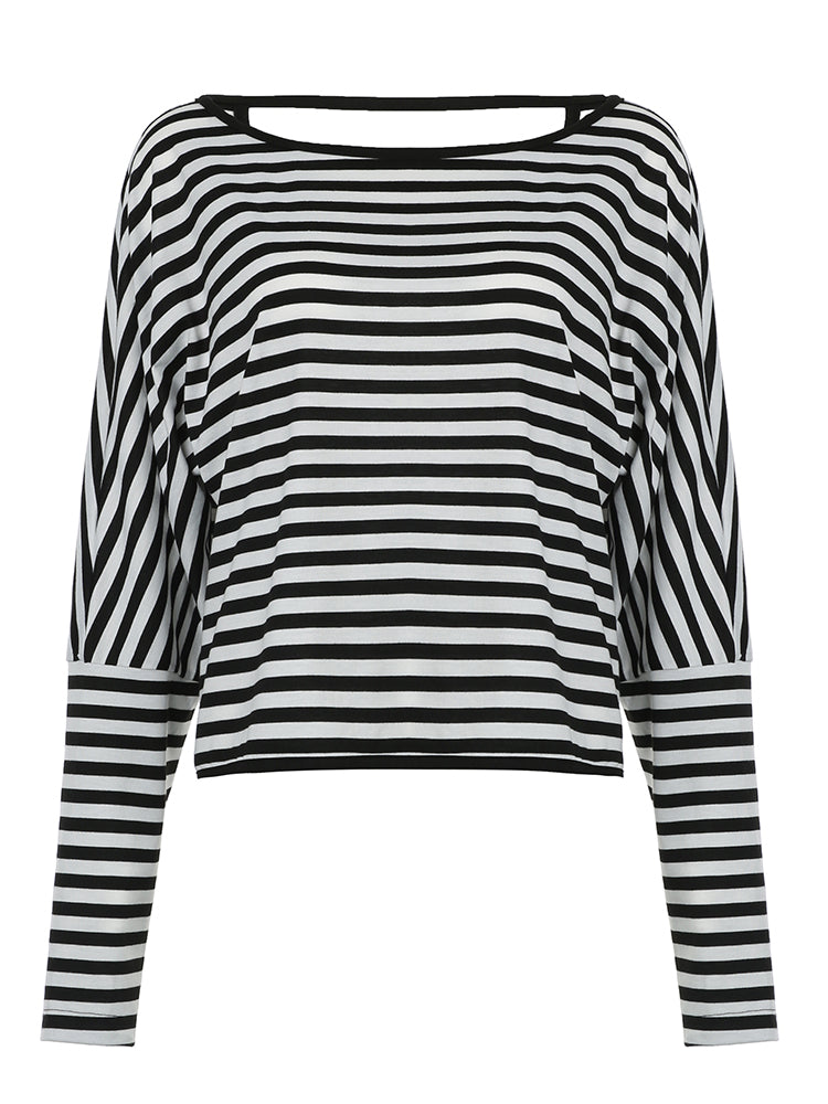 Hnewly - summer inspo Twist Backless Loose Casual Stripe Long Sleeve T Shirt Women Contrast Binding O Neck Minimalist Pullover Tops