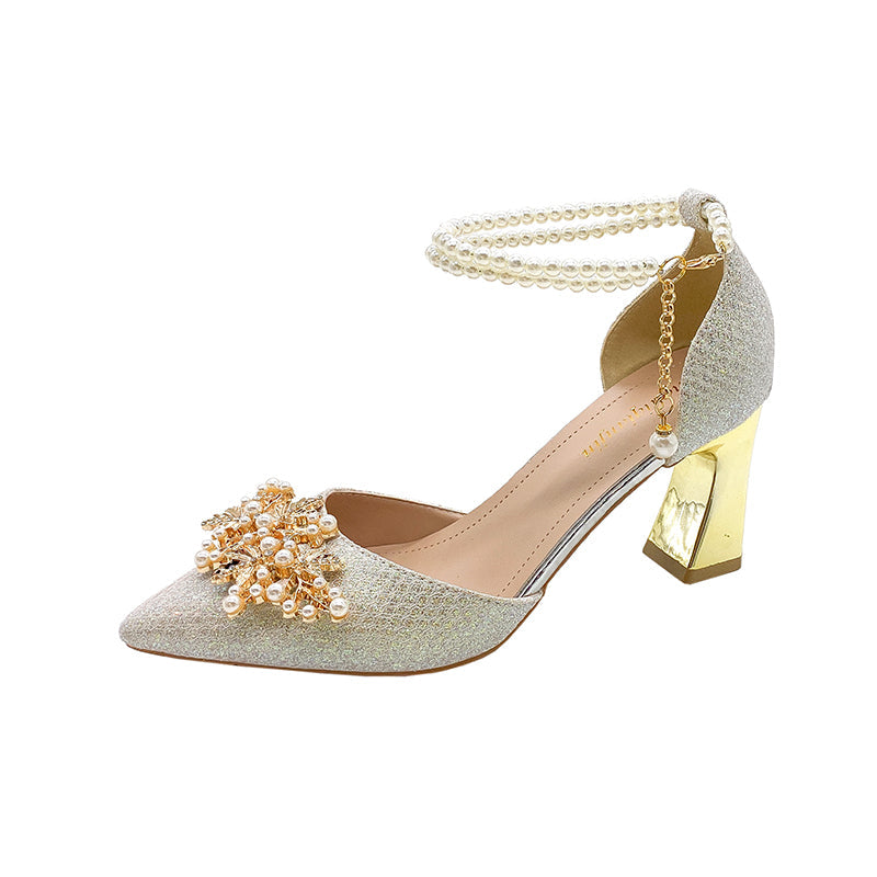 Hnewly Ladies Shoes on Sale New Fashion Pointed Metal Beaded Solid Women's High Heels Summer Leisure Banquet Women Wedding Pump