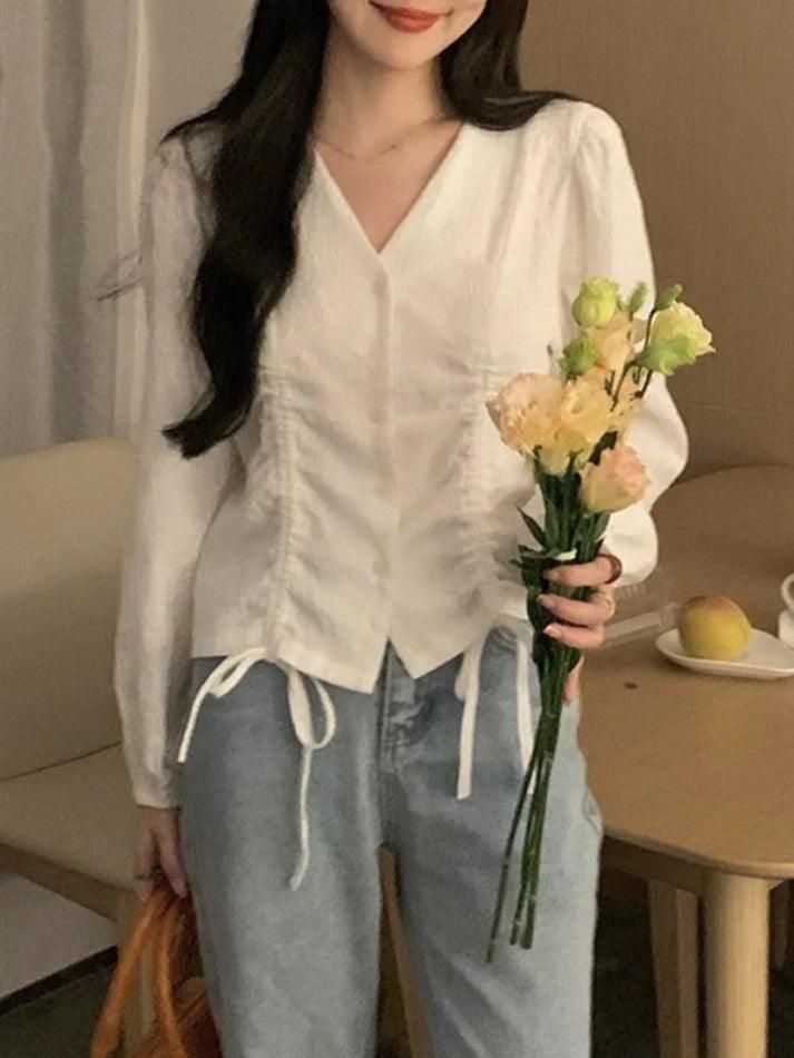 Hnewly Lace Up Button Front Long Sleeve Blouse
