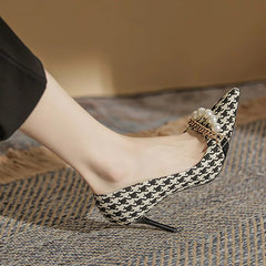 Hnewly Plus Size 41 Woman Pumps Pointed Toe Pearls Chain High Heels Dress Shoes Houndstooth Stilettos Plaid Boat Shoes for Female