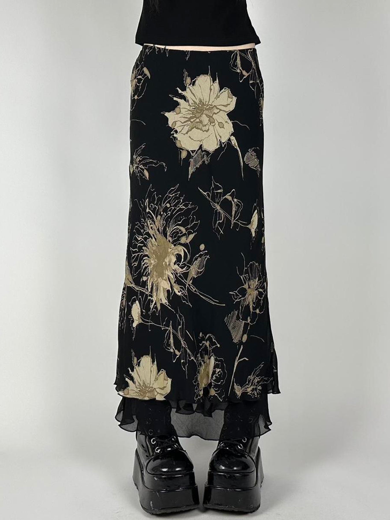 Hnewly - summer inspo Floral Print Two Layers Mesh Long Skirts For Women Vintage Elagant Fashion Low Waist Y2K Mermaid Skirt Vacation