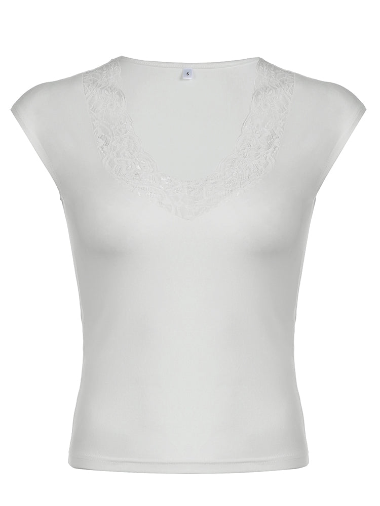 Hnewly - summer inspo Lace Patchwork V Neck Elegant Sexy White T-Shirt Women Summer Short Sleeve Spring Fashion Solid Basic Simple Slim Tops