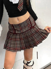 Hnewly - Vintage Plaid Print Bow Decor Pleated Low Rise Mini Skirt ddbos-shop