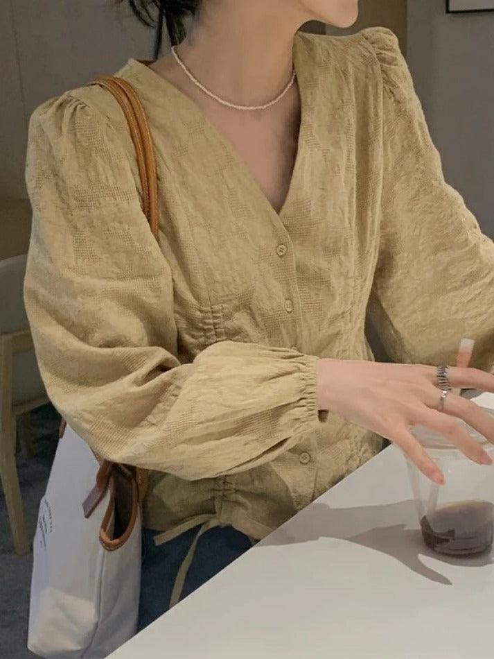 Hnewly Lace Up Button Front Long Sleeve Blouse