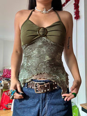 Hnewly - summer inspo Retro Forest Green Vintage Print Boho Y2K Camisole Backless Halter Tie Asymmetrical Tops Women Summer Vacation Clothing